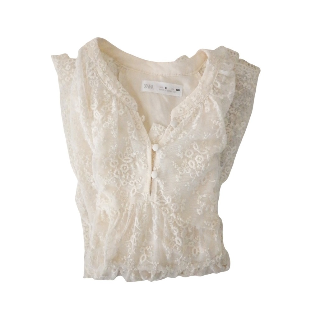 Zara Kids Lace Dress Cream White Button Front Tiered Ruffle Girls Size 8 - Picture 8 of 9